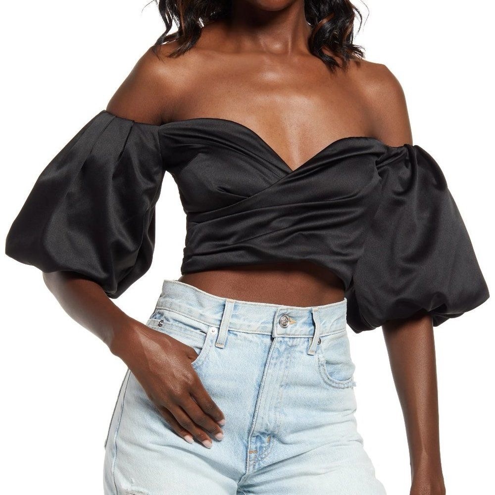 Good American Black Puff Sleeve Crop Blouse